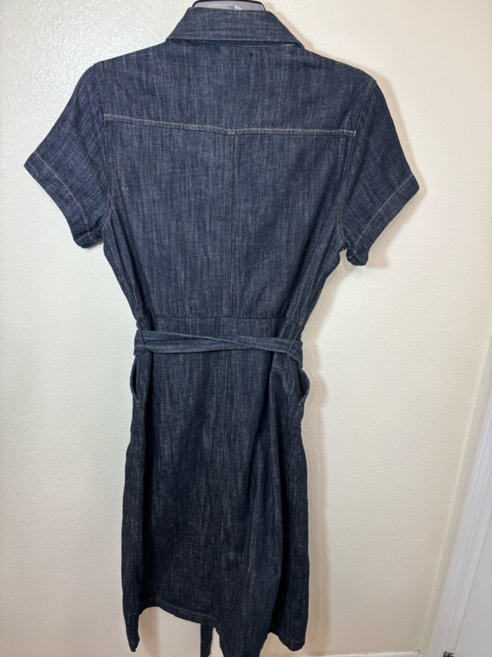 J. Crew Dark Indigo Denim Button-Front Midi Dress with Tie Waist business casual - Picture 3 of 6